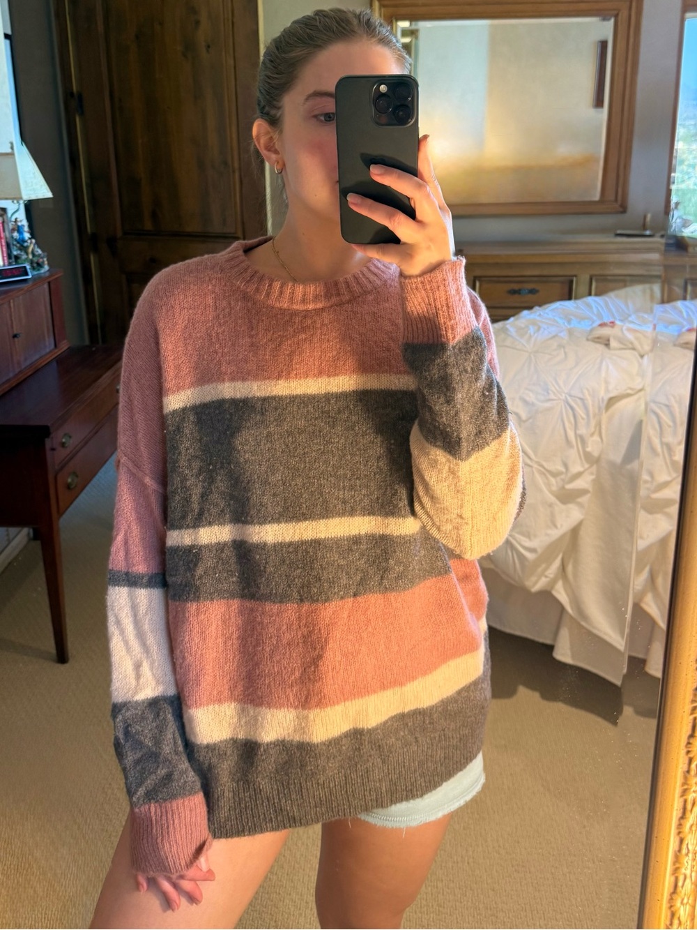 360 Cashmere Striped Crewneck Sweater in Pink, Gray and Cream